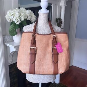 NWT ISAAC MIZRAHI “Lucille” Straw And Brown Leather Large Tote Bag